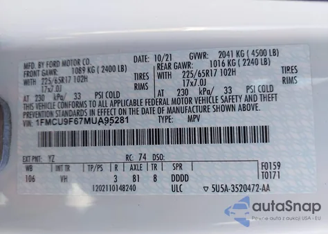 2021 Ford Escape S из США, поврежденный, VIN 1FMCU9F67MUA95281